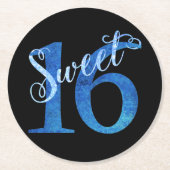 甘い16 | ブルーウォーターの色とフェイクグリッターパーティー ラウンドペーパーコースター (正面)