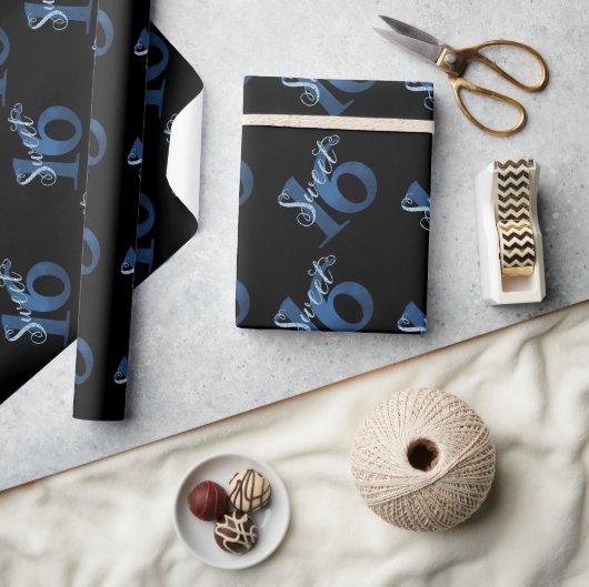 甘い16 | ブルーウォーターの色とフェイクグリッターパーティー ラッピングペーパー (クラフト)