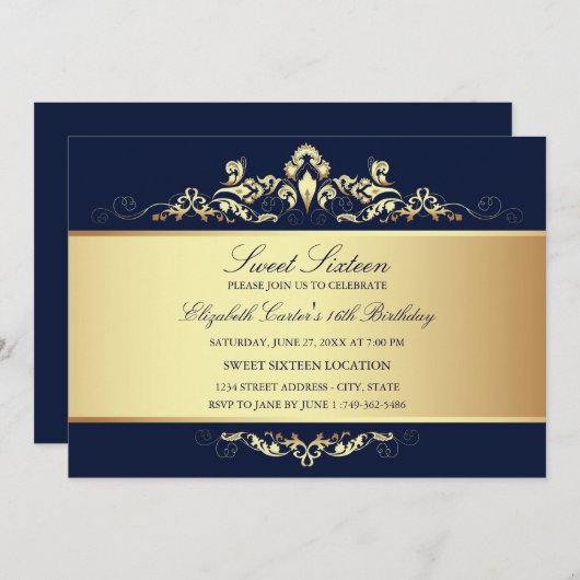 甘い16 |ブルー王室の&金ゴールドダマスク招待状 招待状 (正面/裏面)