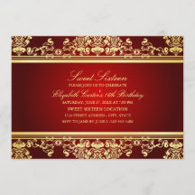 甘い16 | レッド&エレガント金ゴールドダマスク招待状