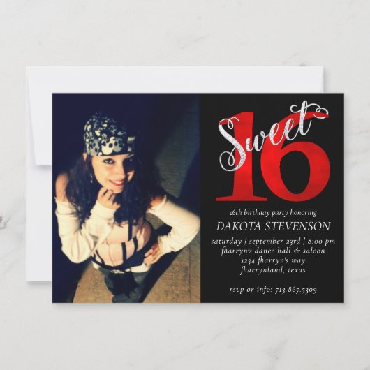 甘い16 |赤と黒16番目の誕生日写真 招待状 (正面)