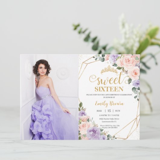 甘い16 16の薄紫赤面フローラ誕生日写真 招待状 (スタンド正面)