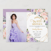 甘い16 16の薄紫赤面フローラ誕生日写真 招待状 (正面/裏面)