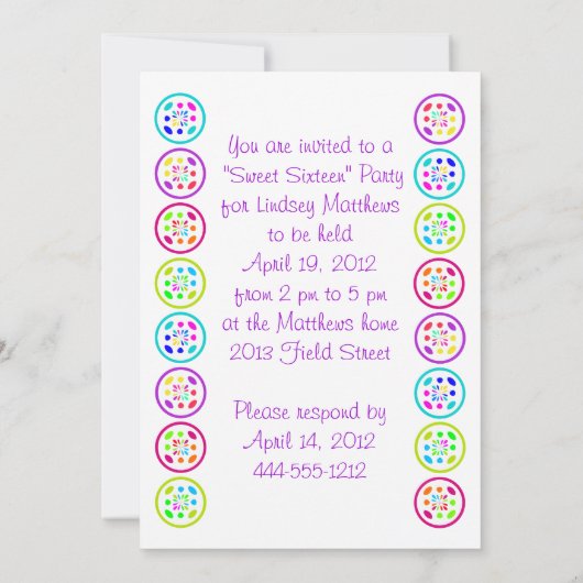 甘い16 16パーティー熱帯の色が明るい 招待状 (裏面)