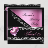 甘い16 16ピンクのハートバルーンLeopard 招待状 (正面/裏面)