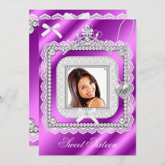 甘い16 16ピンクパープルレースパールフォト2 招待状 (正面/裏面)