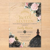 甘い16 16ブラックドレスピンクフローラ金ゴールド アクリル招待状 (正面)