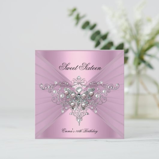 甘い16 16誕生日パーティーピンクバタフライ 招待状 (スタンド正面)