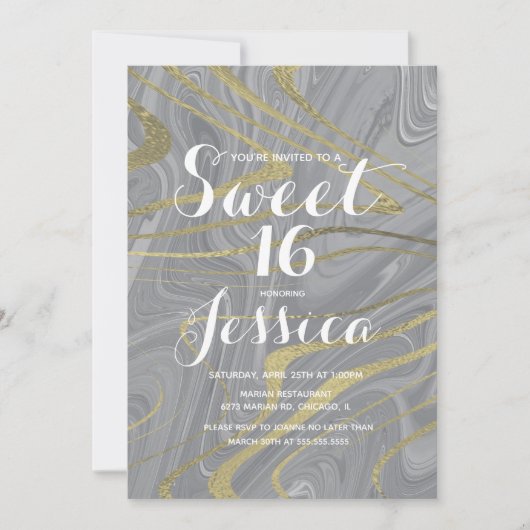 甘い16 | Quince大理石液状グレーフェイク金ゴールド 招待状 (正面)