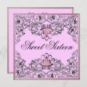 甘い16Royal優雅の黒のピンクの招待状 招待状 (正面/裏面)