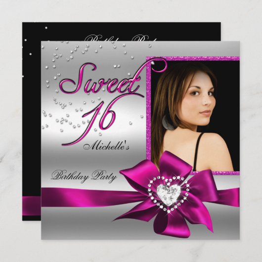 甘い16Sweet sixteenピンクシルバーフォト 招待状 (正面/裏面)