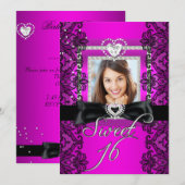 甘い16Sweet sixteenピンクブラックレース写真 招待状 (正面/裏面)