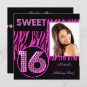 甘い16Sweet sixteenホットピンクゼブラ写真 招待状 (正面/裏面)