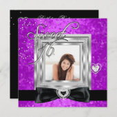 甘い16Sweet sixteen紫色の黒い写真 招待状 (正面/裏面)