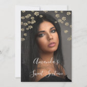 甘い16thサンゴの花の金ゴールドグラデーション写真スパークリー 招待状 (正面)