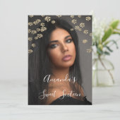 甘い16thサンゴの花の金ゴールドグラデーション写真スパークリー 招待状 (スタンド正面)