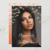 甘い16thサンゴの花の金ゴールドグラデーション写真スパークリー 招待状 (正面/裏面)