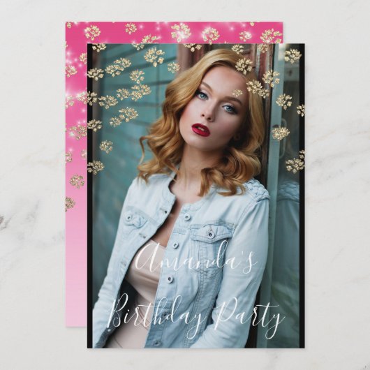 甘い16thピンクの花金ゴールドグラデーション写真紙吹雪 招待状 (正面/裏面)