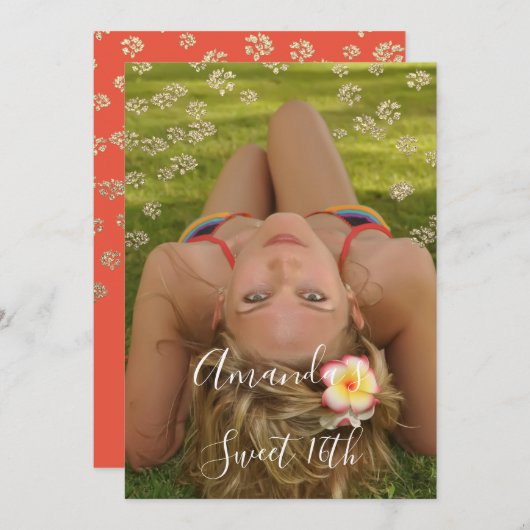 甘い16thフラワーサンゴ金ゴールド写真紙吹雪火花 招待状 (正面/裏面)