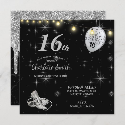 甘い16th誕生日パーティスティレットのバルーンInvi 招待状 (正面/裏面)