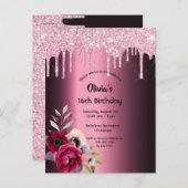 甘い16th誕生日パープルグリッター招待 ポストカード (正面/裏面)