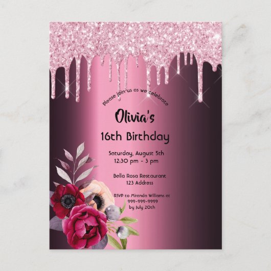 甘い16th誕生日パープルグリッター招待 ポストカード (正面)