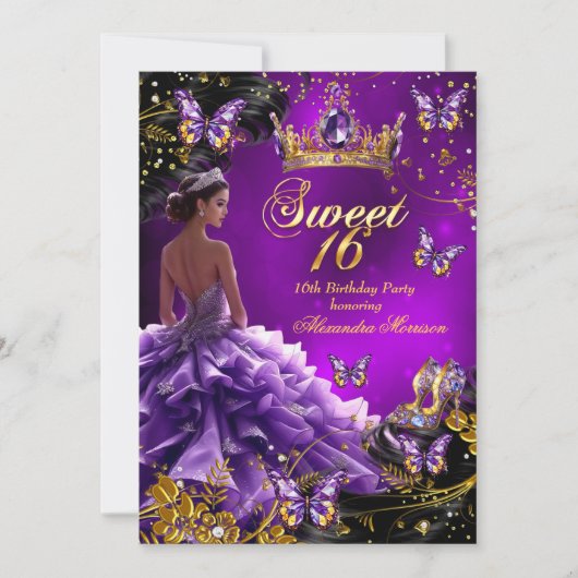 甘い16th誕生日パープル金ゴールドドレスバタフライ 招待状 (正面)