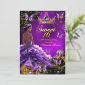 甘い16th誕生日パープル金ゴールドドレスバタフライ 招待状 (スタンド正面)