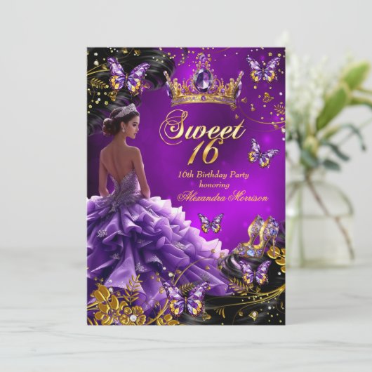 甘い16th誕生日パープル金ゴールドドレスバタフライ 招待状 (スタンド正面)