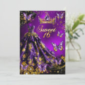 甘い16th誕生日パープル金ゴールドドレス蝶 招待状 (スタンド正面)