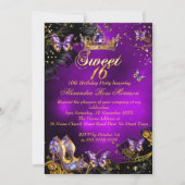 甘い16th誕生日パープル金ゴールドブラックバタフライ 招待状 (正面)