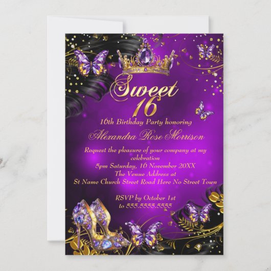 甘い16th誕生日パープル金ゴールドブラックバタフライ 招待状 (正面)