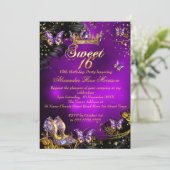 甘い16th誕生日パープル金ゴールドブラックバタフライ 招待状 (スタンド正面)
