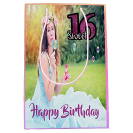 甘い16th誕生日フォトパープルガール ミディアムペーパーバッグ