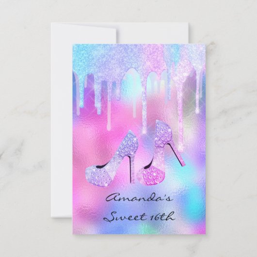 甘い16th 15番目のドリップホログラフィックピンクハイヒール 招待状 (裏面)