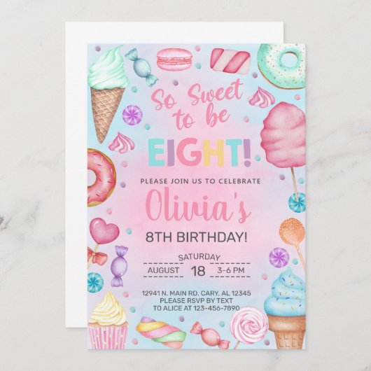 甘い8キャンディーガール8歳の誕生日招待状。 招待状 (正面/裏面)