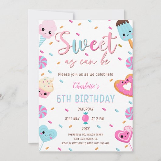 甘いAs Can Be Candy Cupcakeドーナツ誕生日 招待状 (正面)