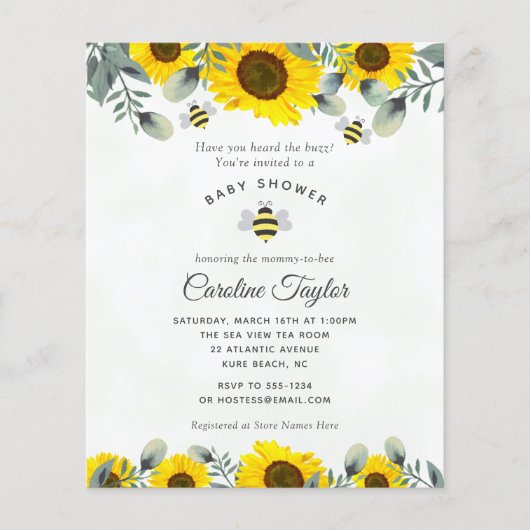 甘いAs Can Beeひまわり赤ちゃんシャワー招待状 (正面)
