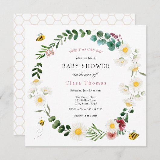 甘いAs Can Beeピンクの花とデイジー赤ちゃんシャワー 招待状 (正面/裏面)