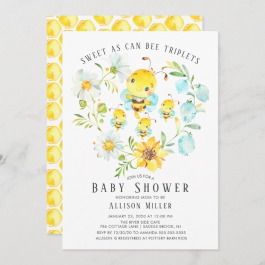 甘いAs Can Bee三つ子ベビーシャワー招待状 招待状 (正面/裏面)