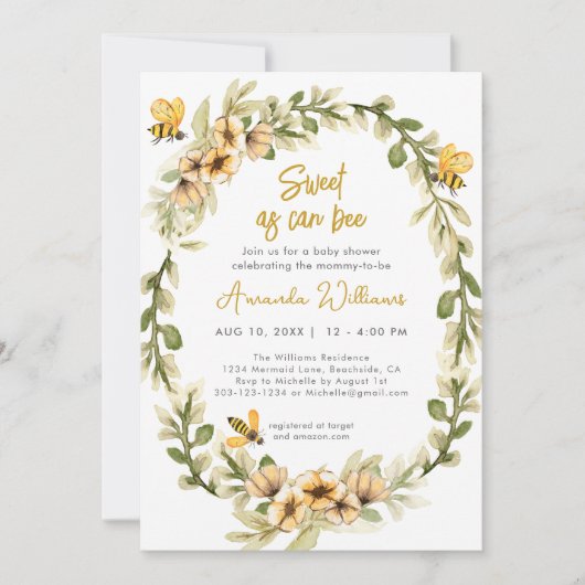 甘いAs Can Bee Water Colorベビーシャワー 招待状 (正面)
