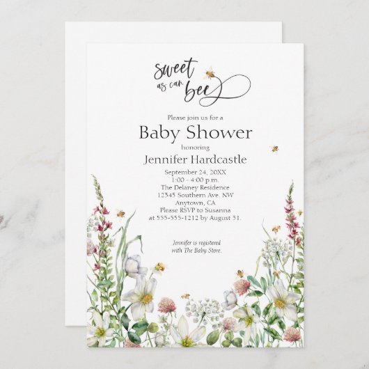 甘いAs Can Bee Wildflowerフローラ赤ちゃんシャワー 招待状 (正面/裏面)