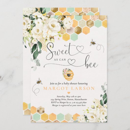 甘いAs Can Greenery白いフローラ赤ちゃんシャワー 招待状 (正面/裏面)