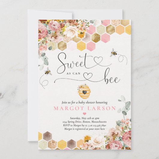 甘いBee Boho Wilflower赤ちゃんシャワー 招待状 (正面)