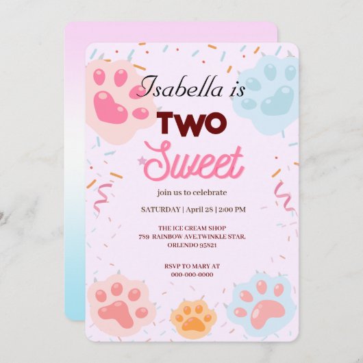 甘いPAW猫2匹と振りかける2人目の誕生日ガール 招待状 (正面/裏面)