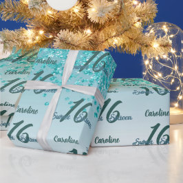 甘きらめくい16落下ティール（緑がかった色）ブルーグリッター ラッピングペーパー