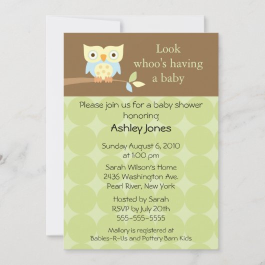 甘くかわいいフクロウの中立ベビーシャワー 招待状 (正面)