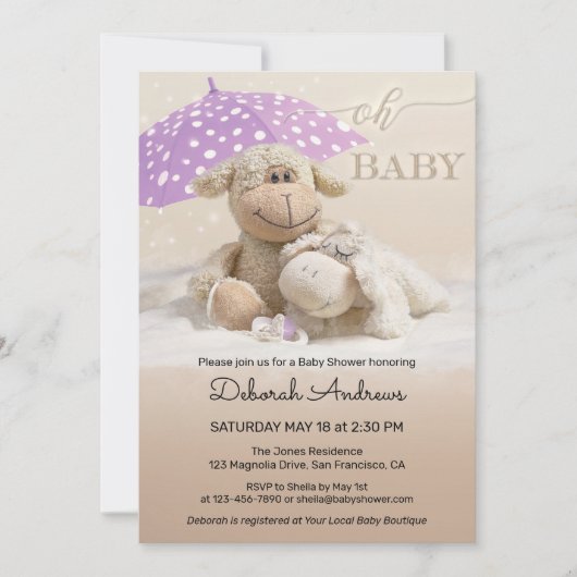 甘くてフワフワの動物の赤ちゃんシャワー 招待状 (正面)