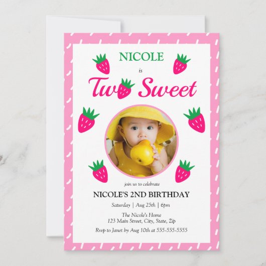 甘くて可愛いストロベリーガール写真第2誕生日 招待状 (正面)