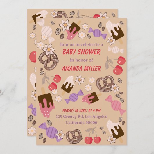 甘くて塩辛いベビーシャワートリートベージュパターン 招待状 (正面/裏面)